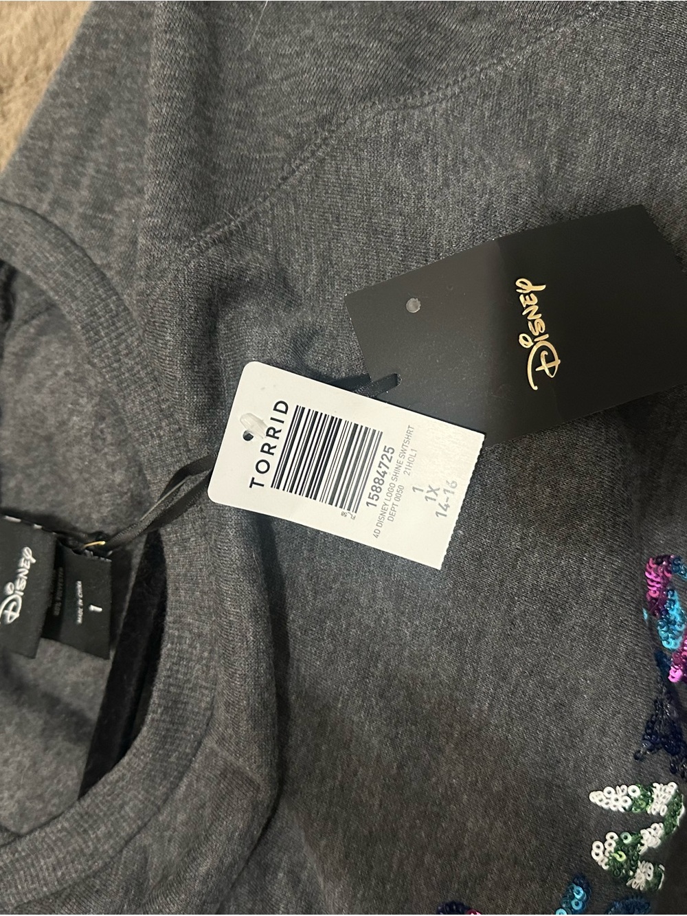 NWT Disney Gray sweatshirt with Multicolor Sequin Accent